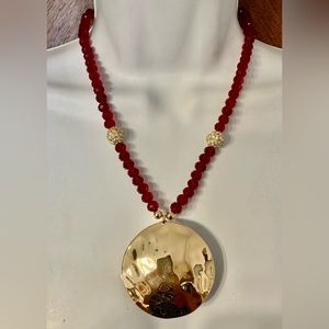 NWT-Bella Jack Red Bead Necklace w/Goldtone Pendant